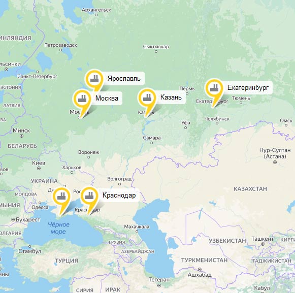Карта с расположением представительств ЗДК Соламир в России.