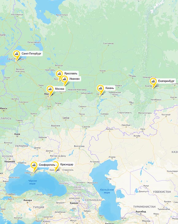 Карта с расположением представительств ЗДК Соламир в России.